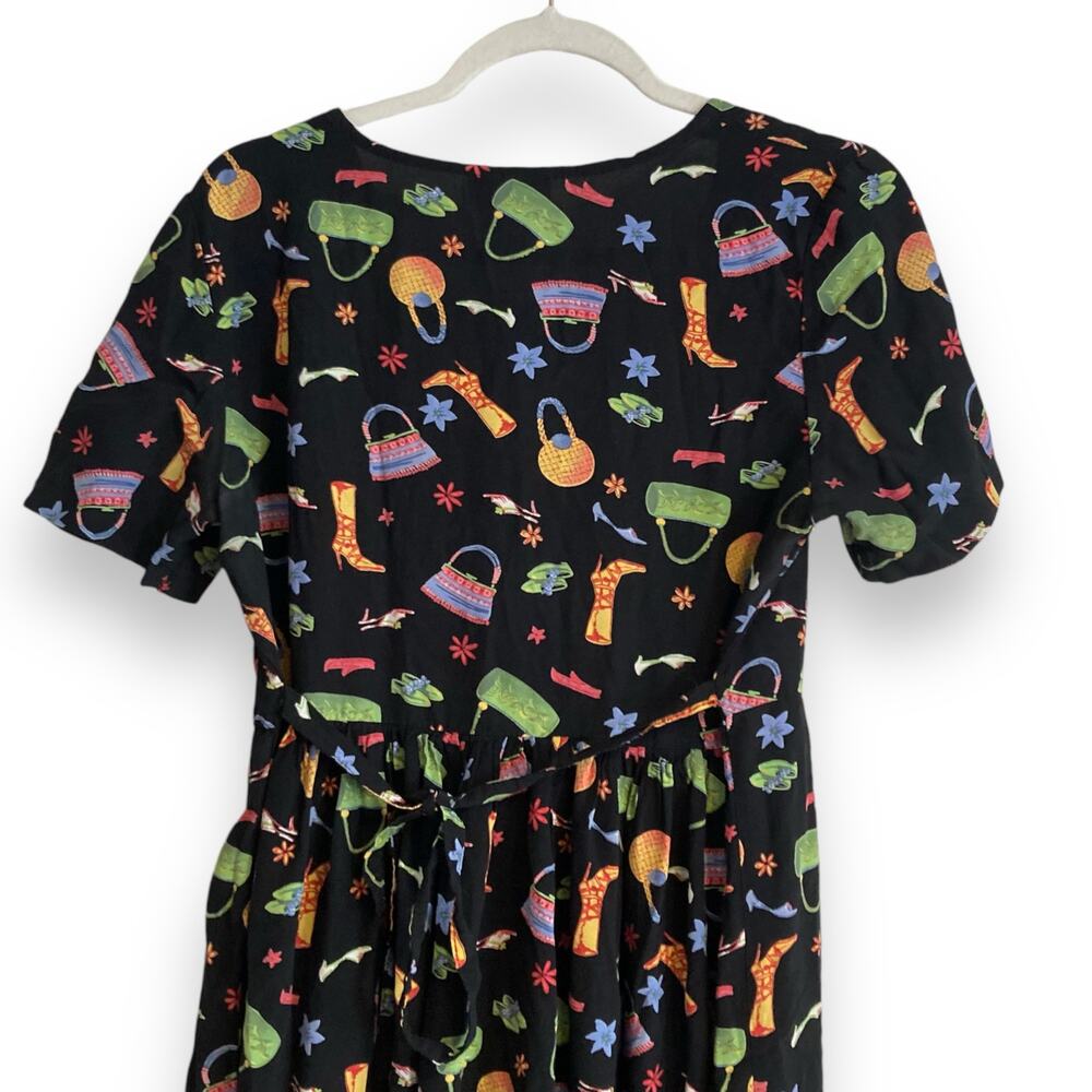 Vintage Y2K Coldwater Creek Black A-Line Dress Whimsical Print Sz Small Rayon - Picture 10 of 16